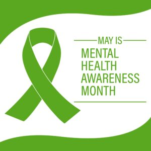 Design of medical care.Mental Health Awareness Month in May. Annual campaign in the United States. Green ribbon and text isolated on a white background with green inserts. Vector illustrations
