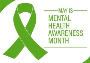 Design of medical care.Mental Health Awareness Month in May. Annual campaign in the United States. Green ribbon and text isolated on a white background with green inserts. Vector illustrations